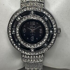Vivani Cuff Watch Women 31mm Gunmetal Gray Crystal Bling Pave New Batt SMALL 6"